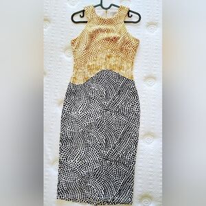 Elegant Black and Gold Patterned Dress Bodycon Dress Midi Sleeveless Size S